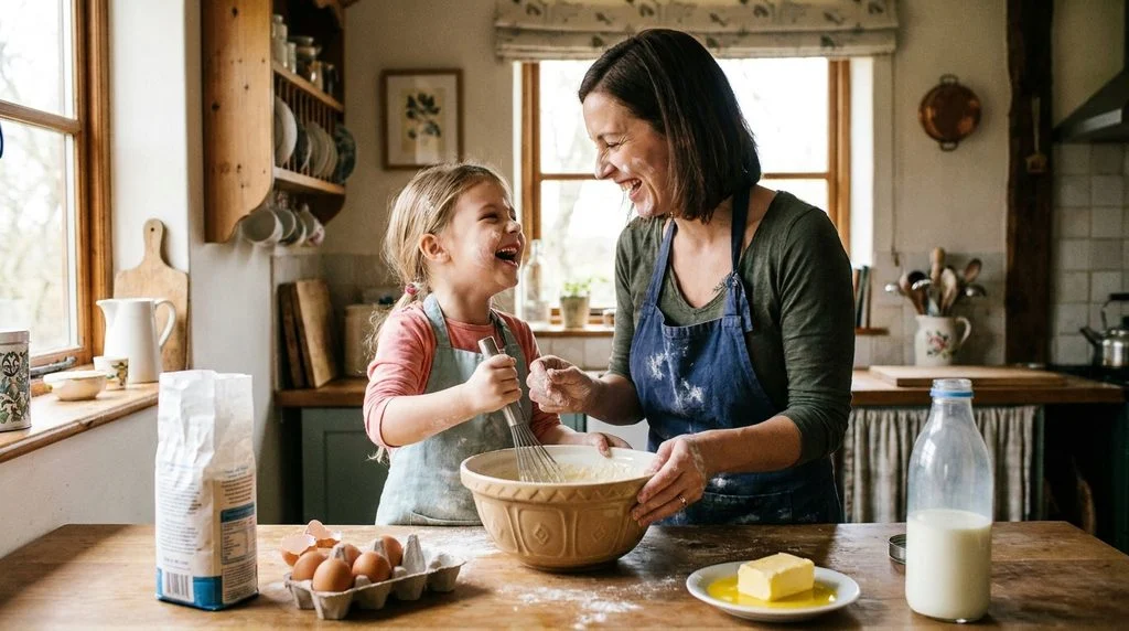 Parent and child preparing pancake batter together in the kitchen.