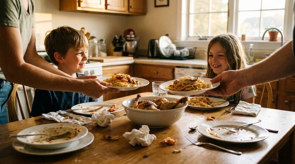 A parent serving a kid-friendly weeknight dinner to two children at the table