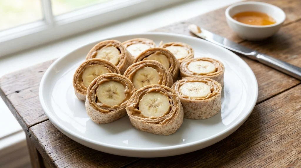 Peanut butter and banana wrap sliced for a picky eater's breakfast.