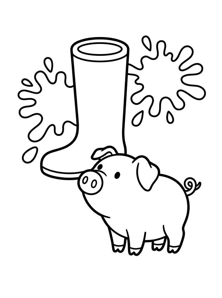Piglet coloring page investigating a large muddy rubber boot.
