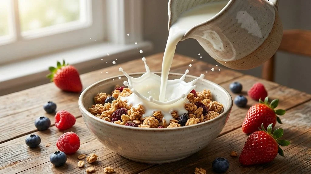 A bowl of high-protein granola cereal with milk and fresh berries