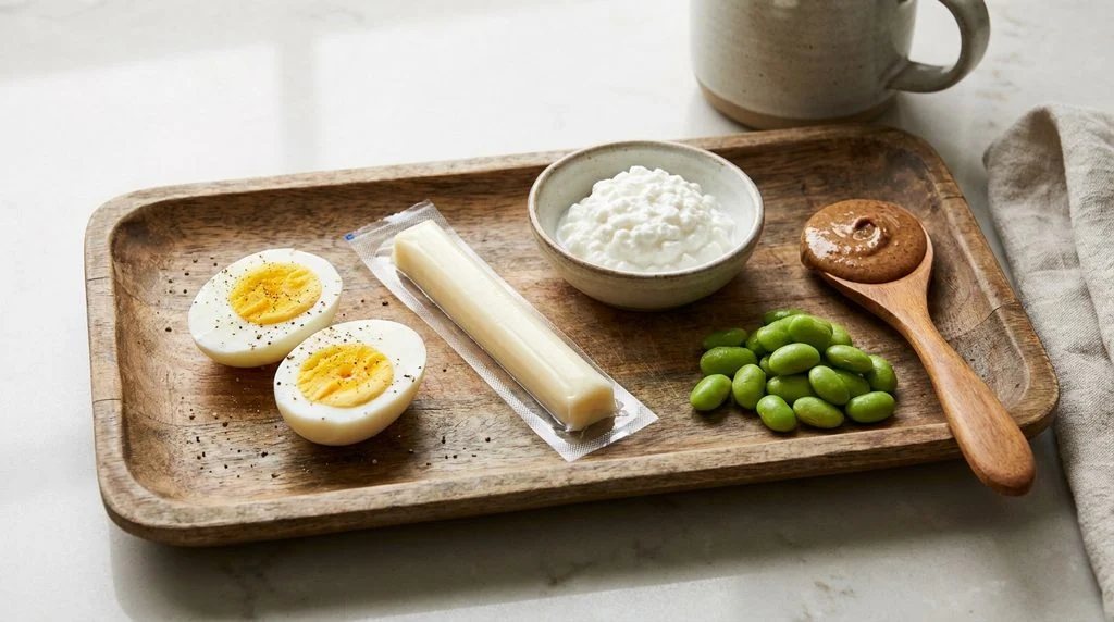 A tray of high-protein breakfast add-ons including eggs, cheese and nut butter