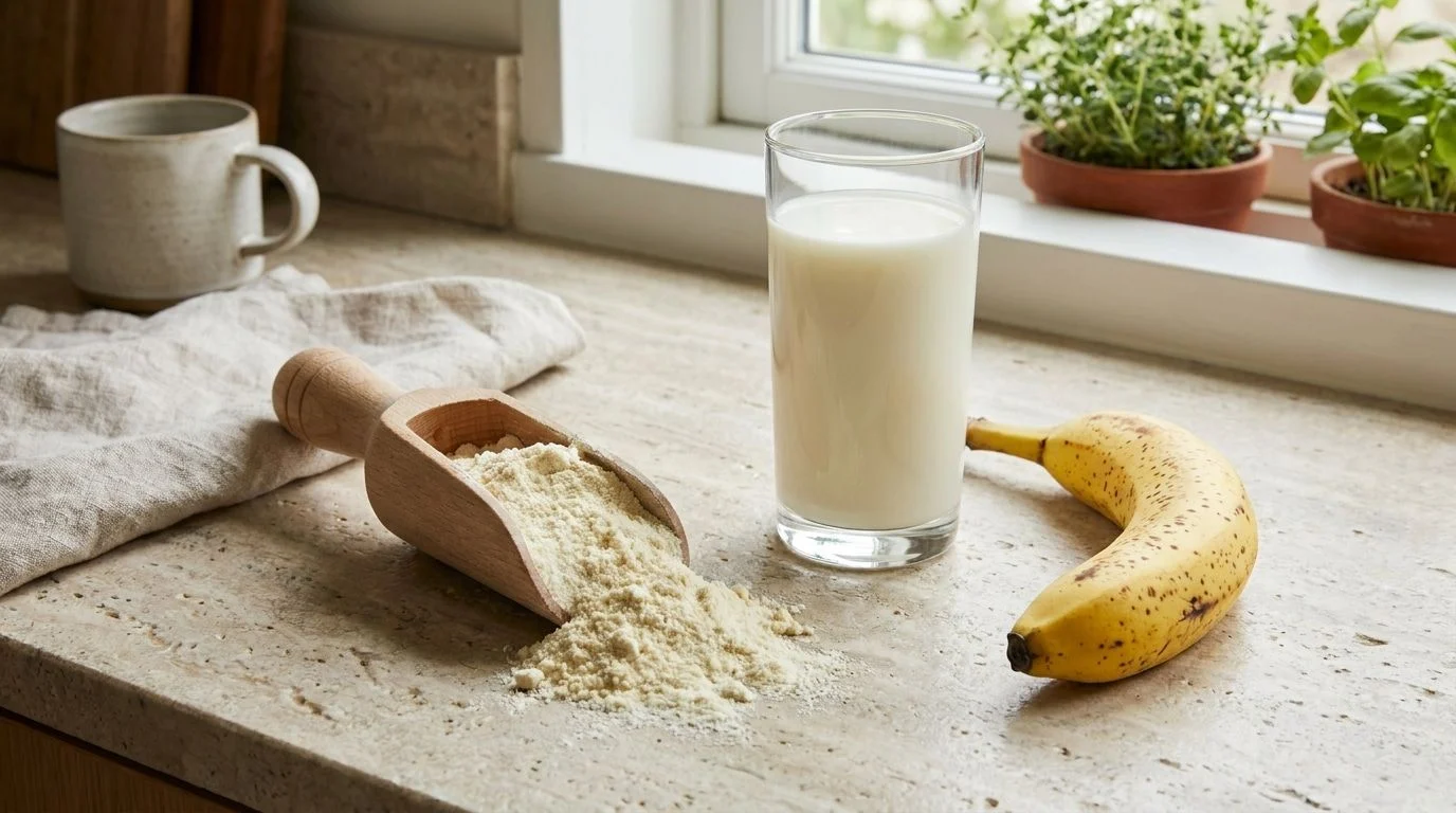 A scoop of protein powder alongside milk and banana for a kids' breakfast shake