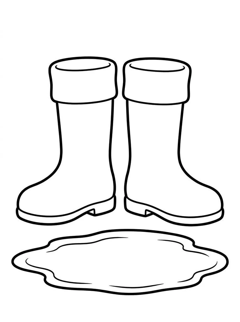 Rain boots coloring page with two plain boots above a puddle.