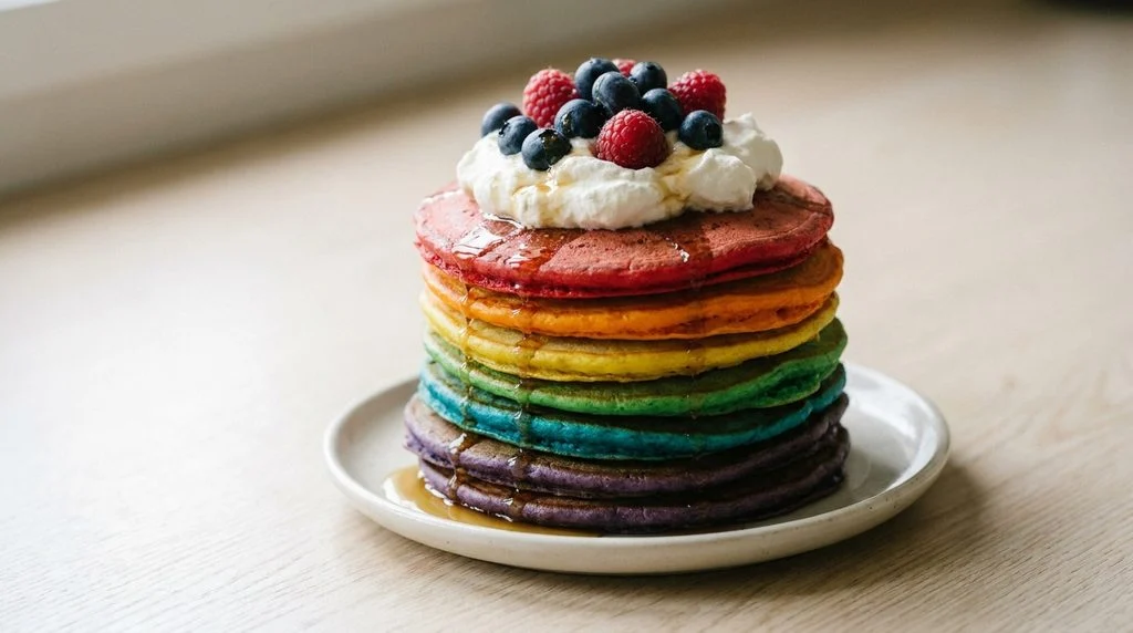 Rainbow pancake stack topped with cream and berries.