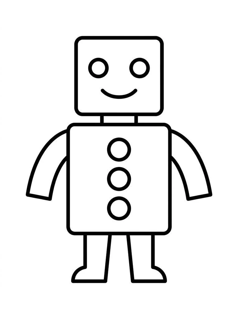 Robot coloring page with a square head, rectangular body, and three round buttons.