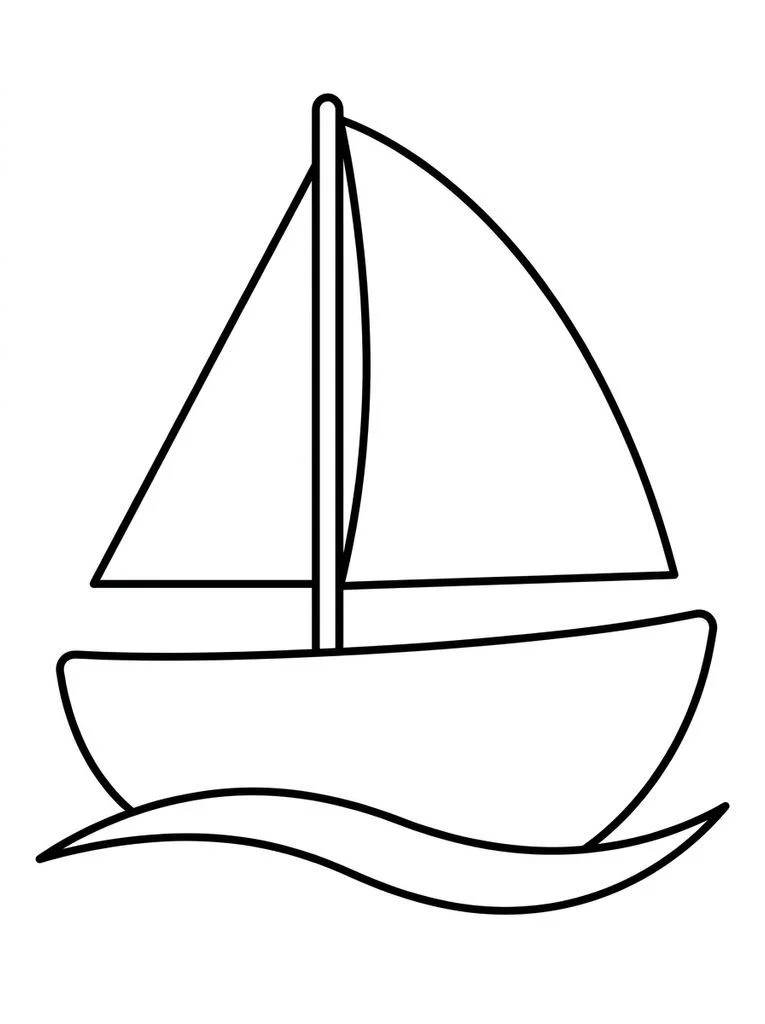 Sailboat coloring page with one large triangular sail and a gentle wave.