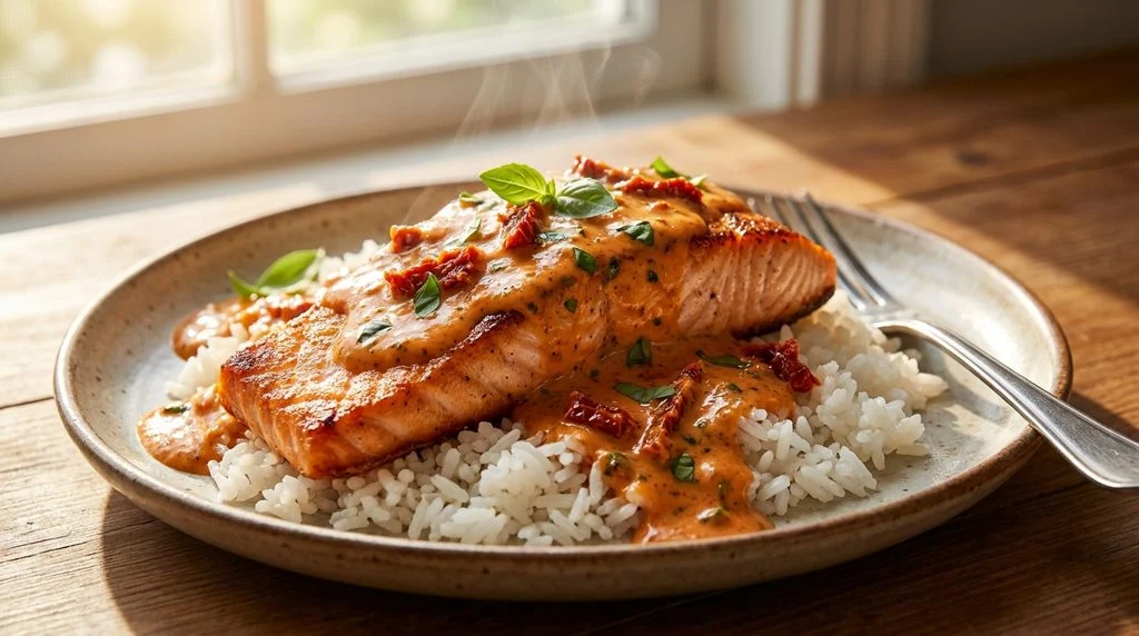 Salmon in a creamy sun-dried tomato sauce, a mild kid-friendly dinner