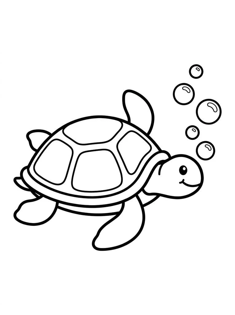 Sea turtle coloring page swimming beside a curved trail of bubbles.