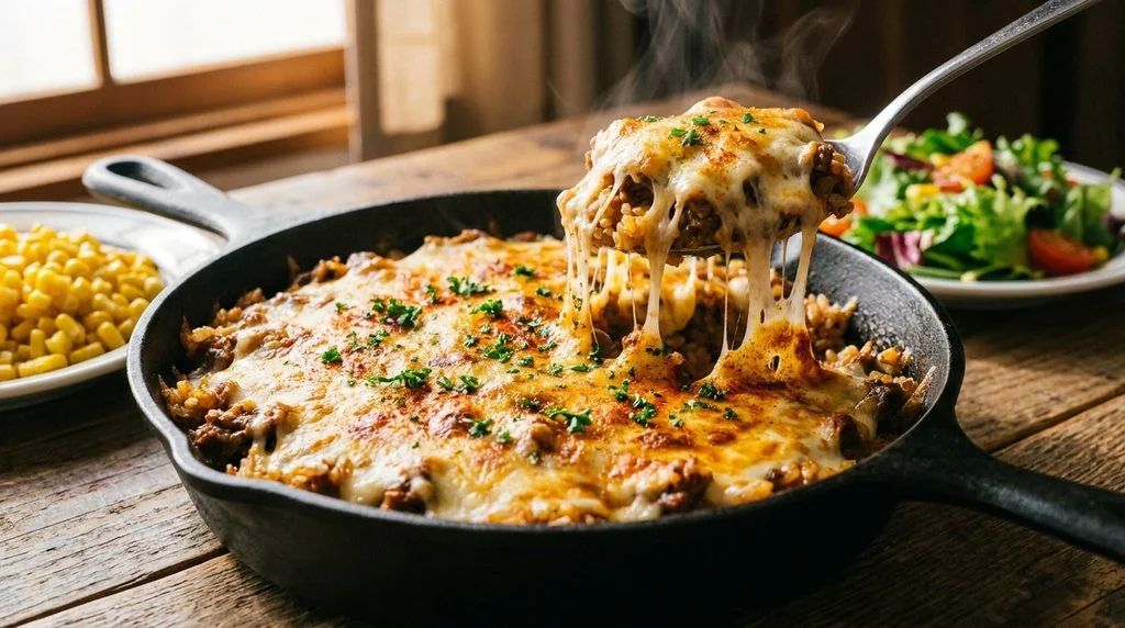 A skillet of cheesy beef and rice casserole, a filling kid-friendly dinner