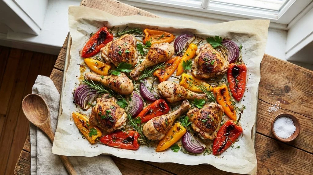 Sheet pan dinner with roasted chicken, peppers, and onions garnished with fresh herbs.