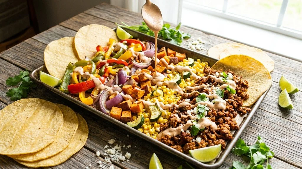 Sheet pan veggie tacos with roasted vegetables, a kid-friendly dinner