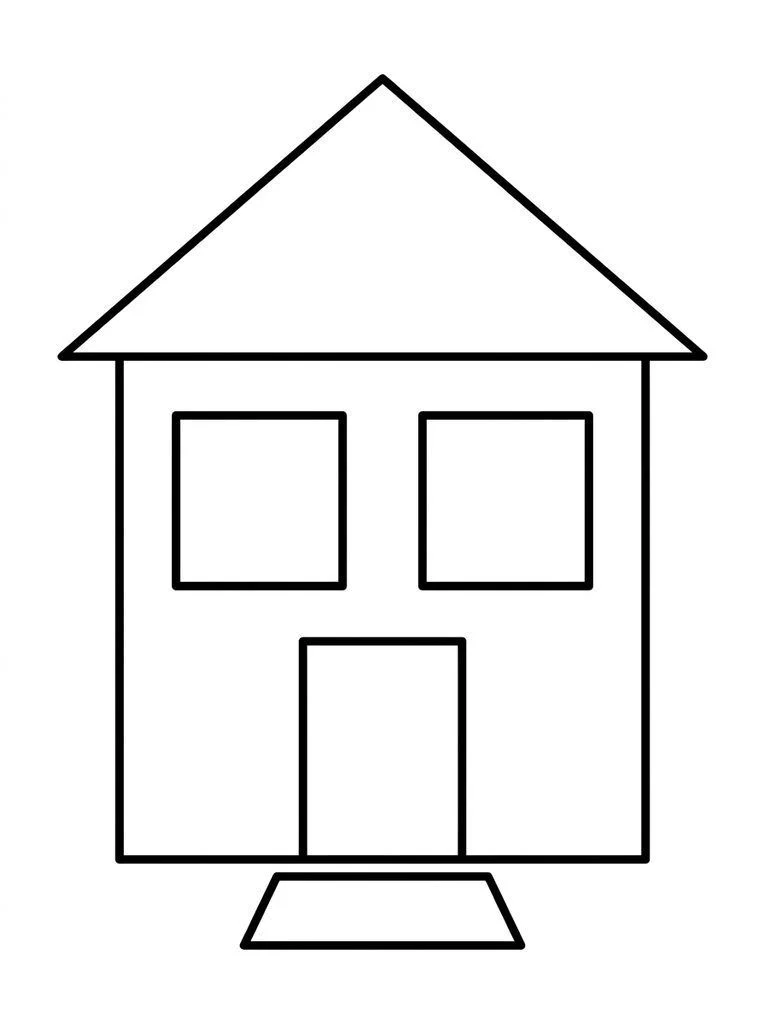 House coloring page with two windows, a front door, and a blank welcome mat.