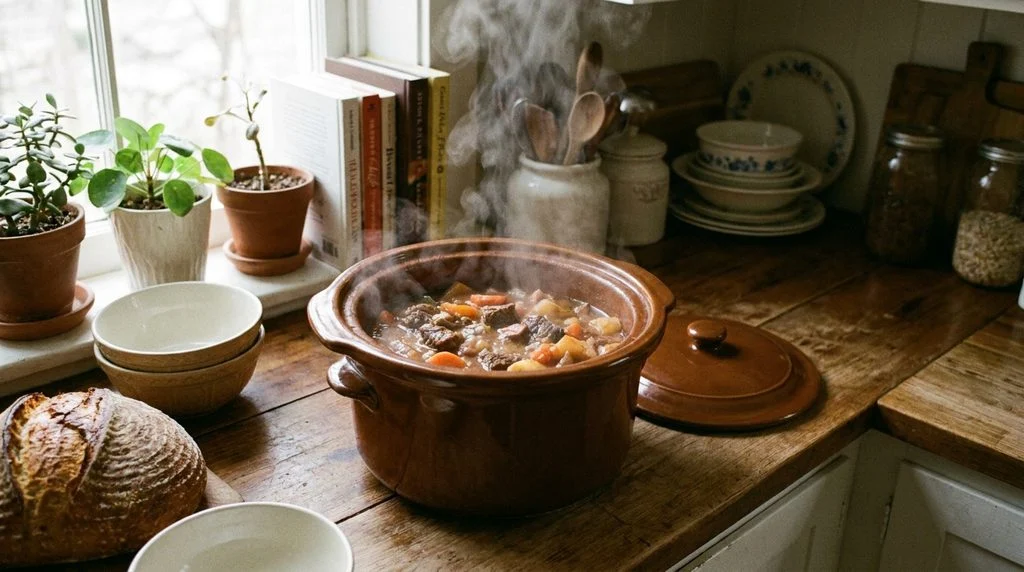 Slow cooker filled with a hearty simmering stew, steam rising, on a kitchen counter.