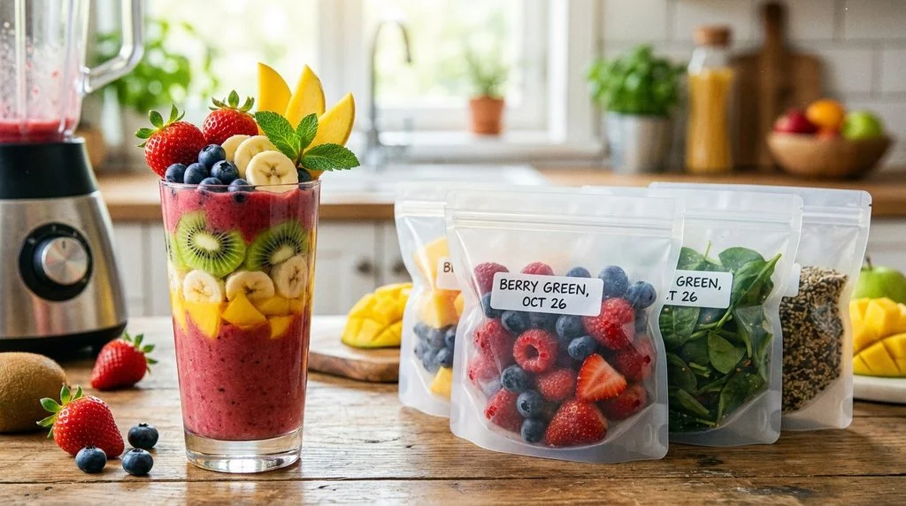 Smoothie in a glass with pre-portioned freezer bags nearby.