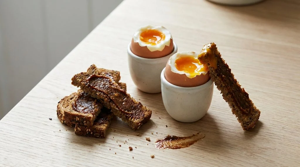 Dippy eggs with Marmite toast soldiers.