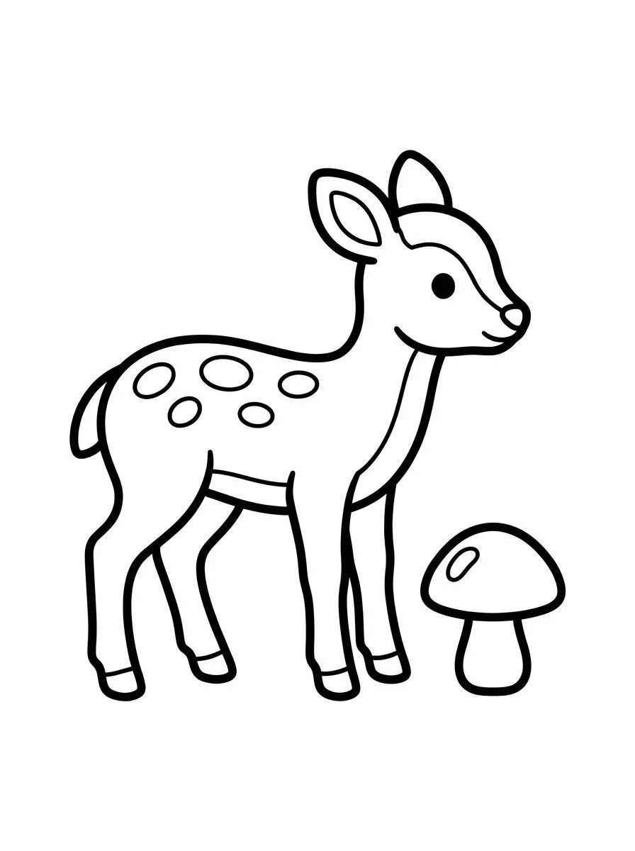 Fawn coloring page with large spots beside a broad mushroom.