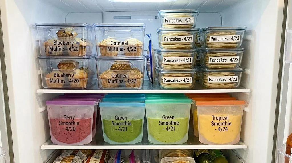 Freezer stocked with labeled kids breakfast meal-prep containers.