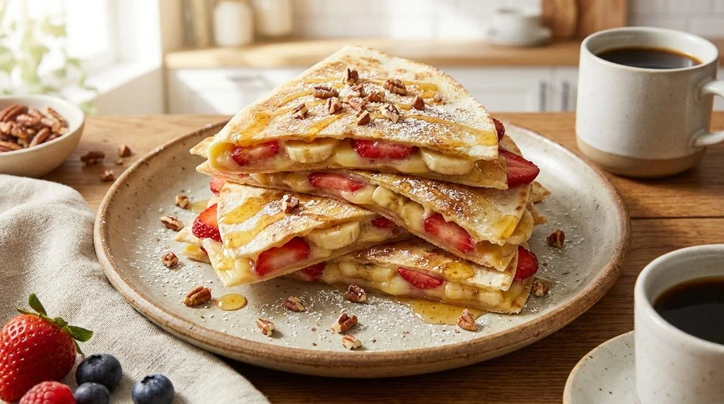 Sliced strawberry banana breakfast quesadilla.