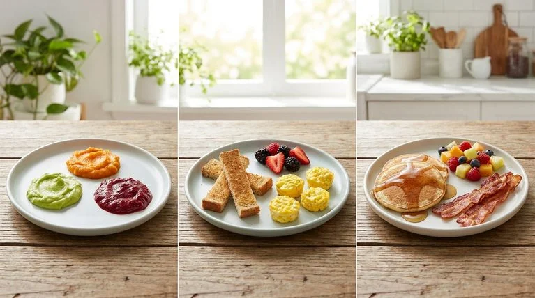 Breakfast plates for a baby, toddler, and older child side by side.