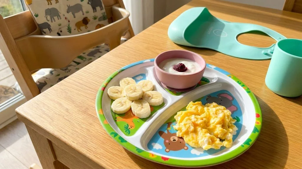 Toddler breakfast plate with banana, yogurt, and scrambled egg.