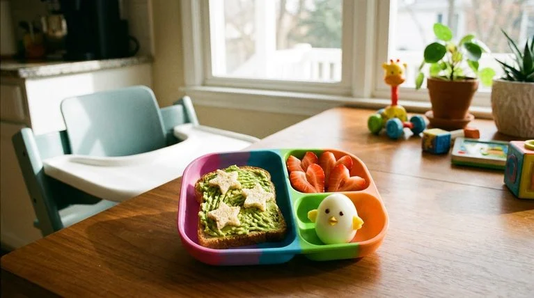 Toddler breakfast plate with avocado toast, strawberries, and egg.