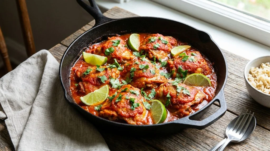 A skillet of tomato lime chicken, a flavorful kid-friendly dinner