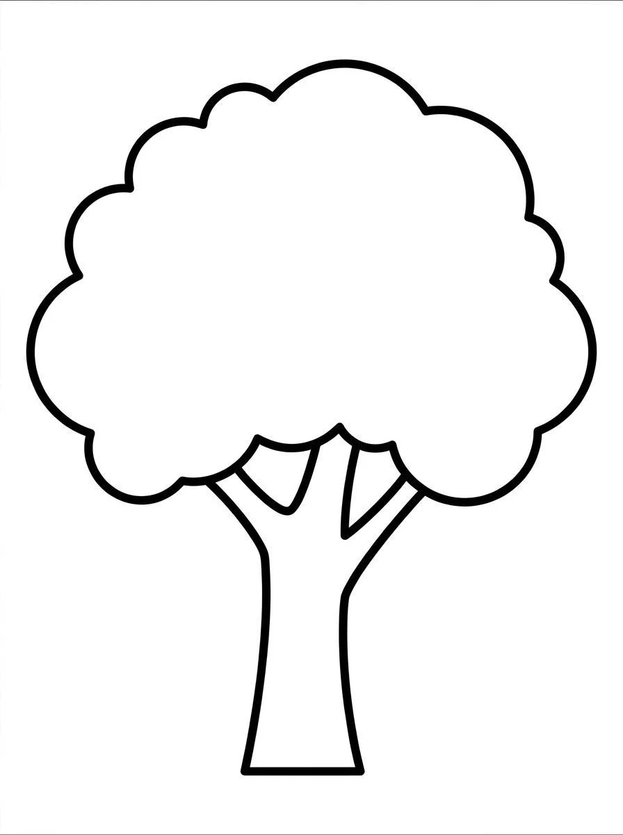 Simple tree coloring page with a round canopy and wide trunk.