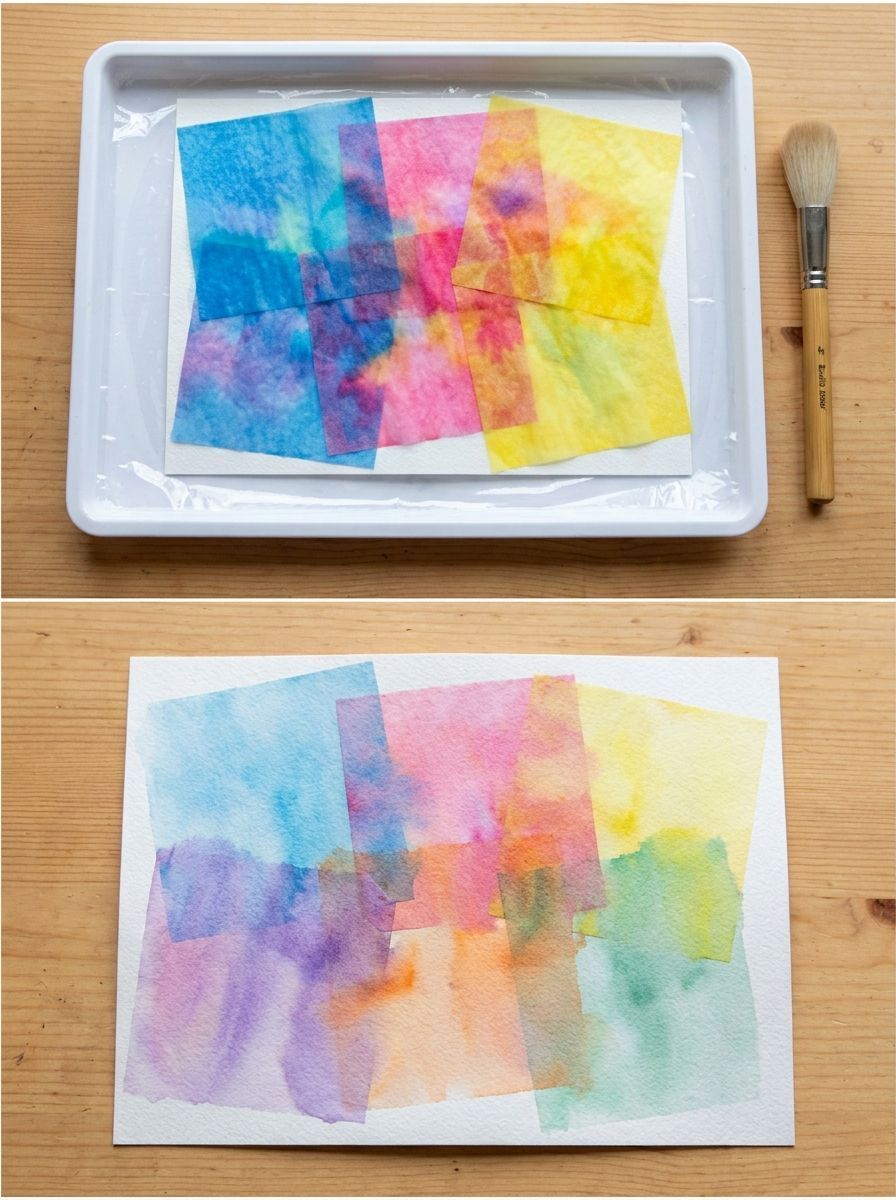 Wet tissue pieces on watercolor paper beside the dried color-transfer artwork.