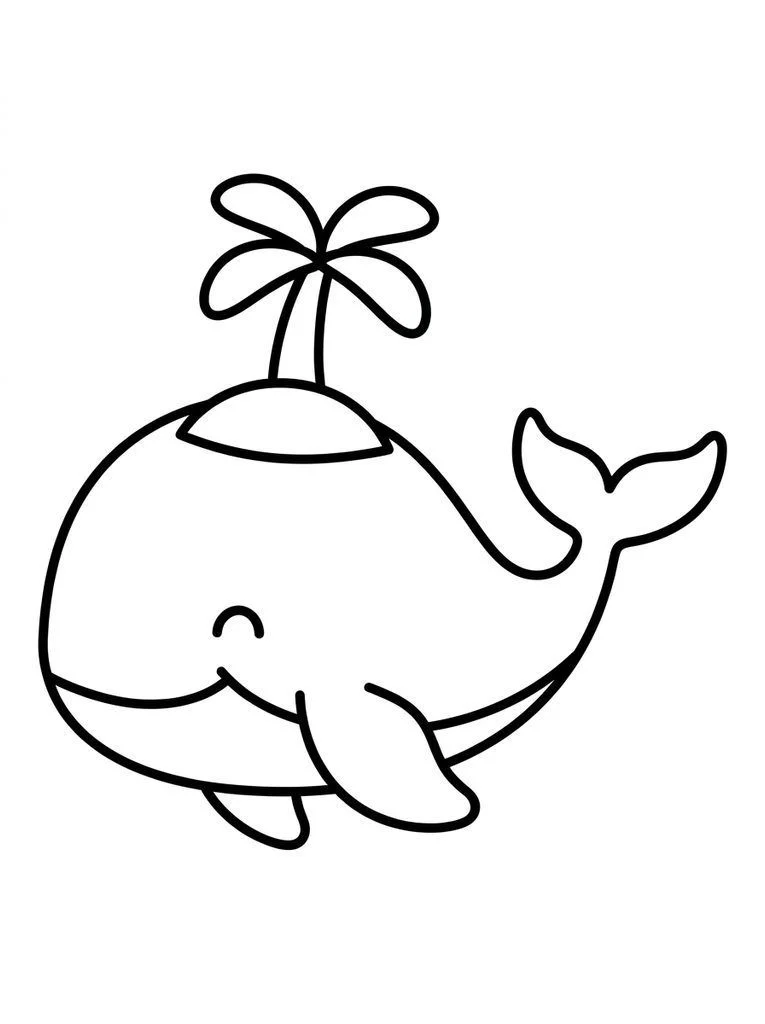 Whale coloring page carrying a small pretend island with a palm tree.