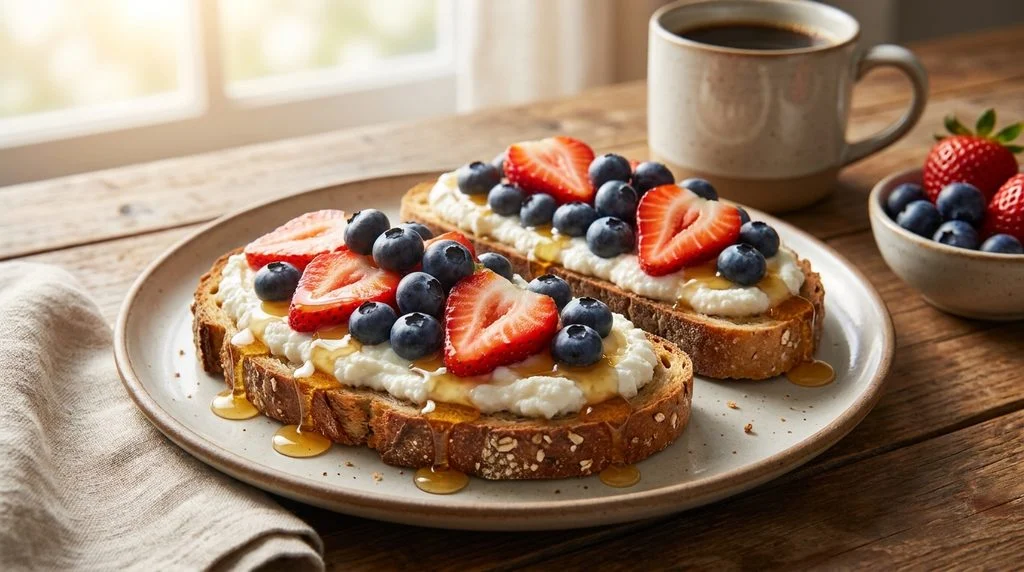 Ricotta toast topped with fresh berries and honey, a protein-rich breakfast