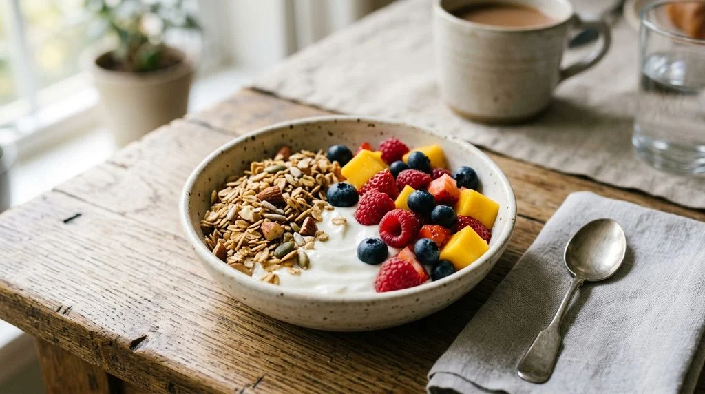 Yogurt bowl with fresh fruit and toasted oats.