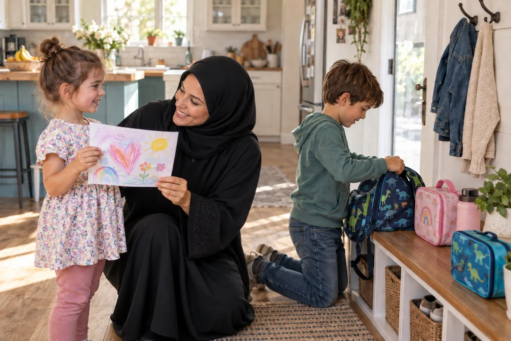 Parent and two children sharing a moment while organizing school bags at home.