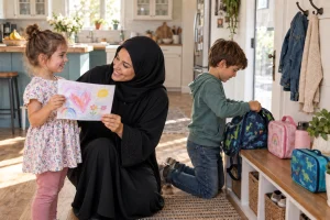 Parent and two children sharing a moment while organizing school bags at home.