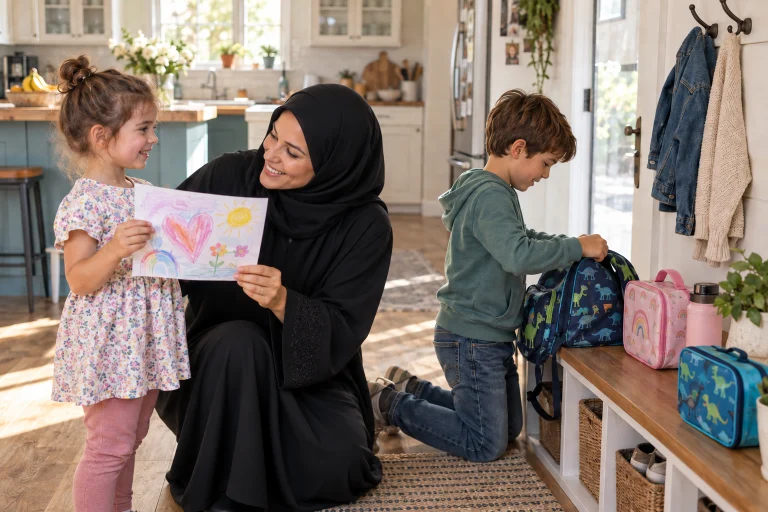 Parent and two children sharing a moment while organizing school bags at home.